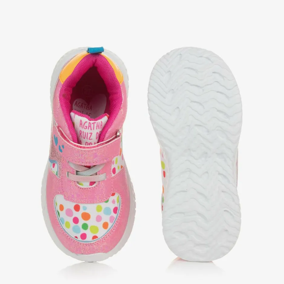Agatha Ruiz de la Prada Girls Pink Polka Dot Velcro Trainers Clearance