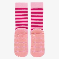 Country Kids Girls Pink Striped Cat Slipper Socks Outlet