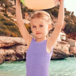 Hunza G Girls Purple Bow Crinkle Swimsuit New