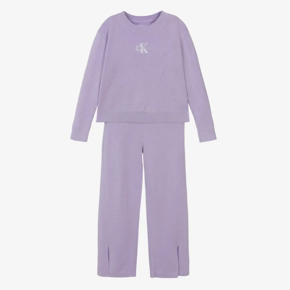 Calvin Klein Girls Purple Organic Cotton Knitted Tracksuit Clearance