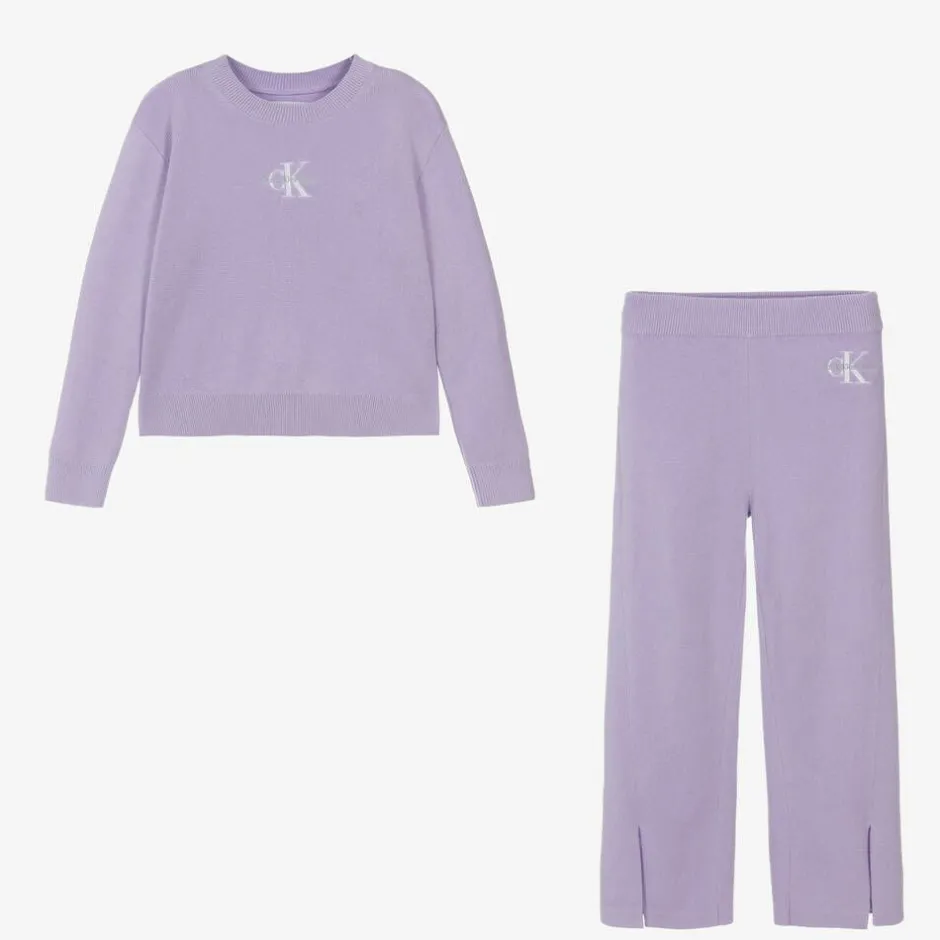 Calvin Klein Girls Purple Organic Cotton Knitted Tracksuit Clearance