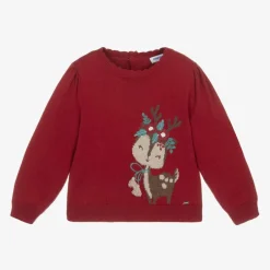 Mayoral Girls Red Cotton Knit Reindeer Jumper