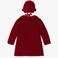 Foque Girls Red Knitted Pram Coat & Bonnet Set Clearance