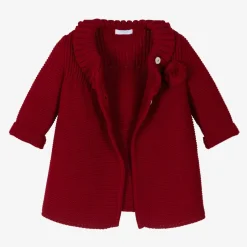 Foque Girls Red Knitted Pram Coat & Bonnet Set Clearance