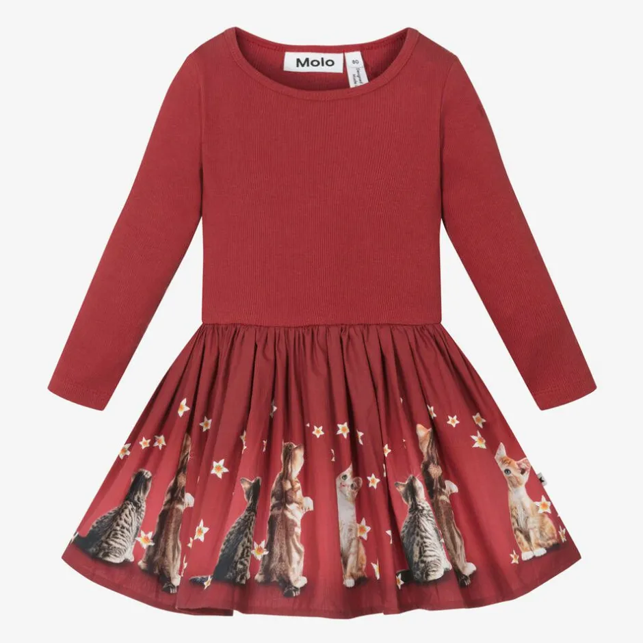 Molo Girls Red Organic Cotton Kittens Dress New