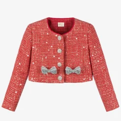 Marlo Kids Girls Red Sequinned Tweed Jacket New