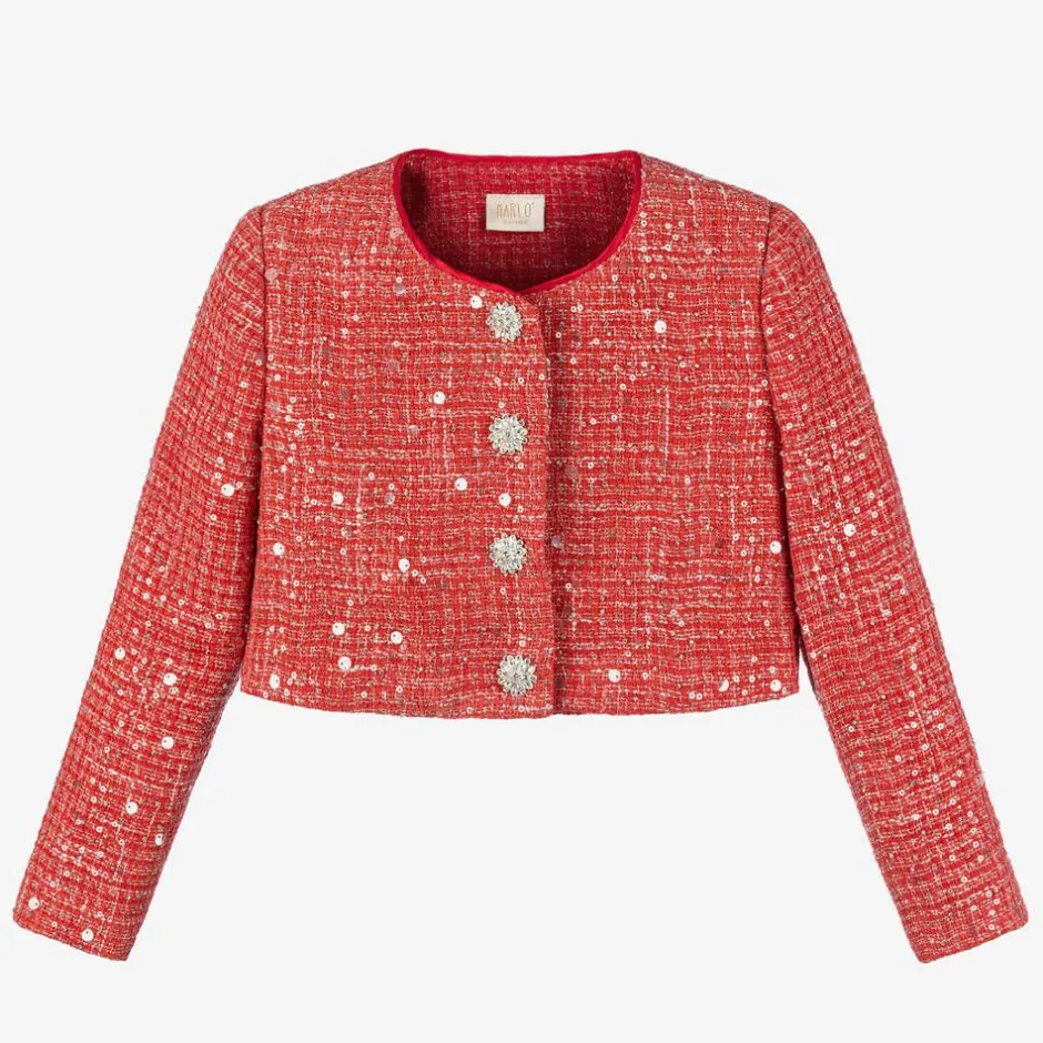 Marlo Kids Girls Red Sequinned Tweed Jacket New