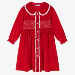 Mini Lunn Girls Red Velour Smocked Dressing Gown Hot