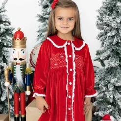 Mini Lunn Girls Red Velour Smocked Dressing Gown Hot