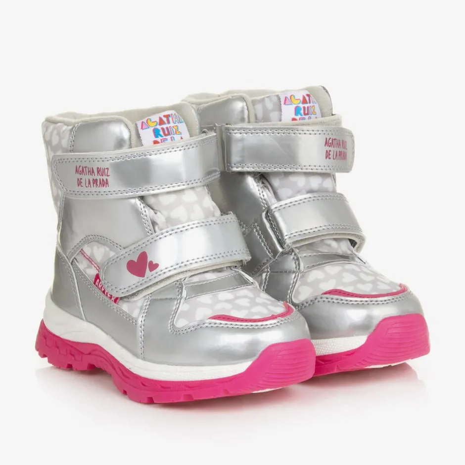 Agatha Ruiz de la Prada Girls Silver Heart Print Snow Boots Sale