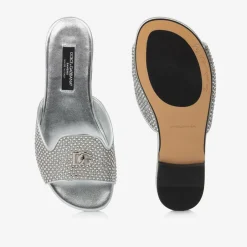 Dolce amp; Gabbana Girls Silver Leather Rhinestone Sliders New