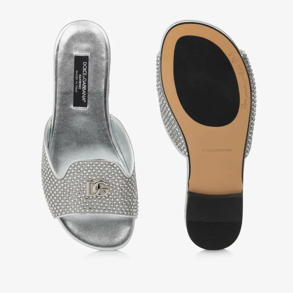 Dolce amp; Gabbana Girls Silver Leather Rhinestone Sliders New