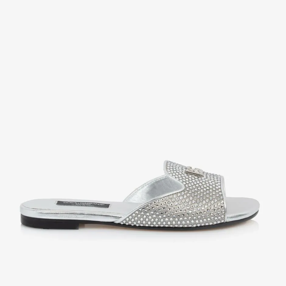 Dolce amp; Gabbana Girls Silver Leather Rhinestone Sliders New