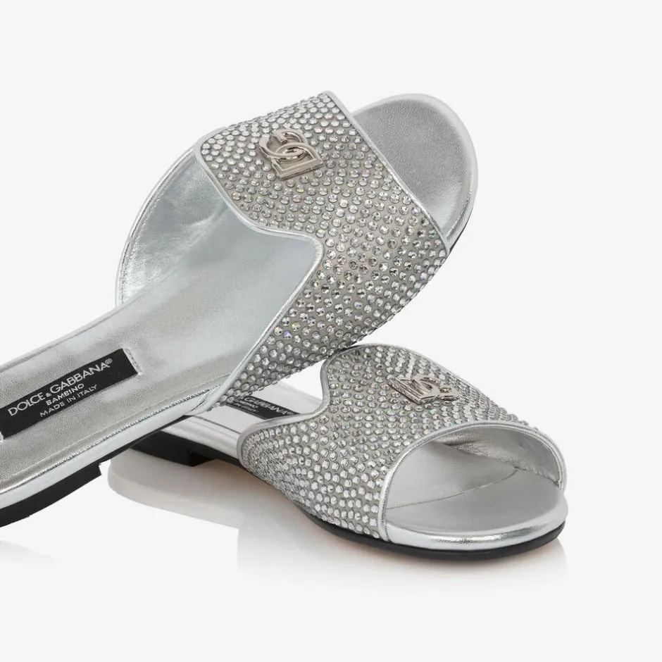 Dolce amp; Gabbana Girls Silver Leather Rhinestone Sliders New