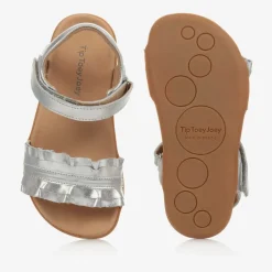 Tip Toey Joey Girls Silver Leather Ruffle Sandals Hot