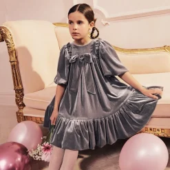 Jessie and James London Girls Taupe Grey Velour Dress Sale