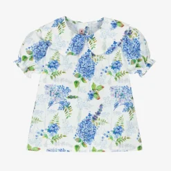 Phi Clothing Girls White & Blue Floral Cotton Blouse
