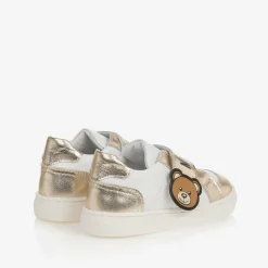 Moschino Kid-Teen Girls White & Gold Leather Bear Trainers New