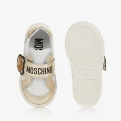 Moschino Kid-Teen Girls White & Gold Leather Bear Trainers New