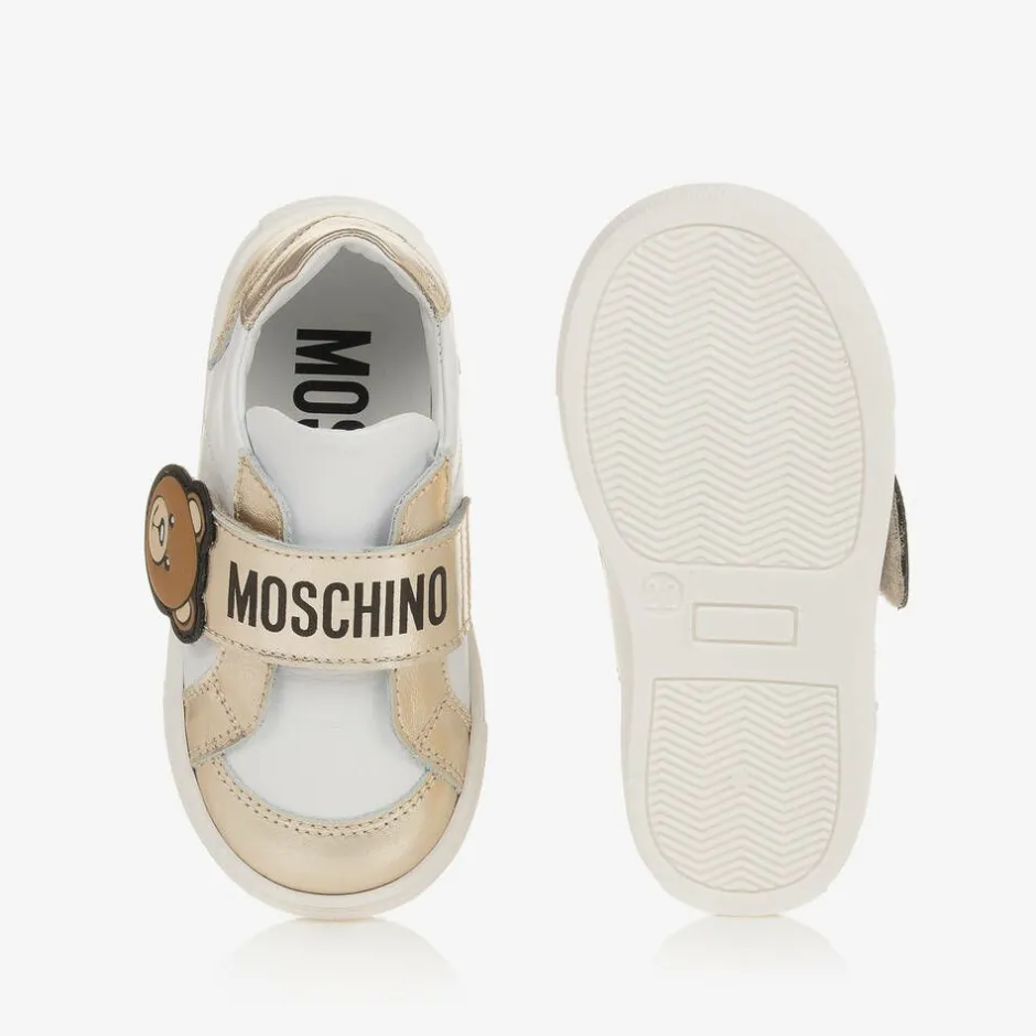 Moschino Kid-Teen Girls White & Gold Leather Bear Trainers New