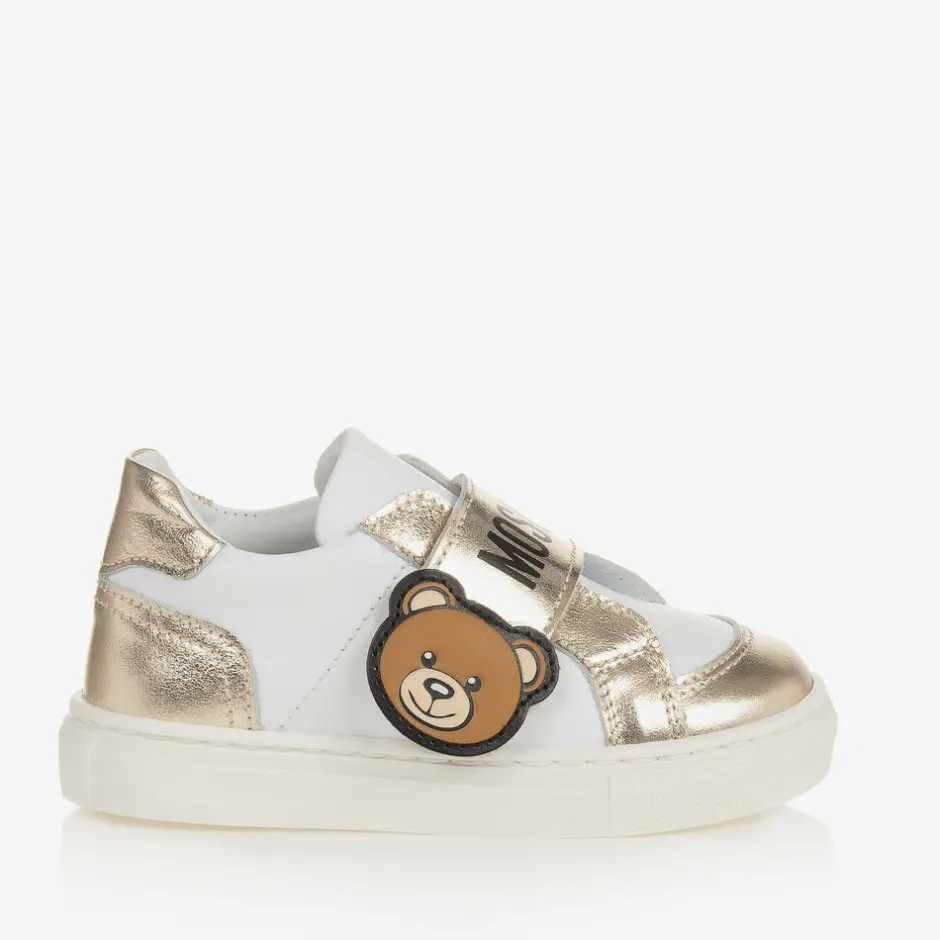 Moschino Kid-Teen Girls White & Gold Leather Bear Trainers New