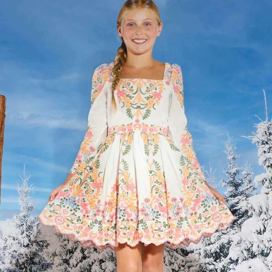 Marlo Kids Girls White Cotton Embroidered Floral Dress Discount