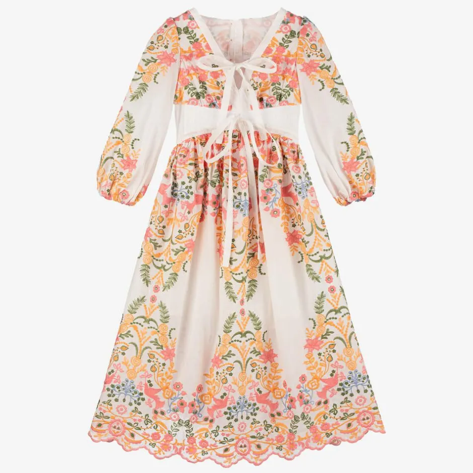 Marlo Kids Girls White Cotton Embroidered Floral Dress Best