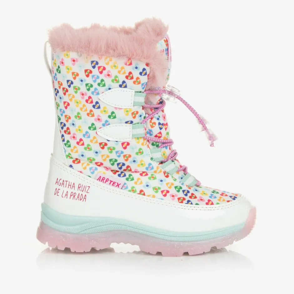 Agatha Ruiz de la Prada Girls White Heart Print Snow Boots Online