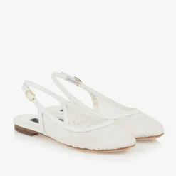 Dolce amp; Gabbana Girls White Leather & Mesh Slingback Pumps New