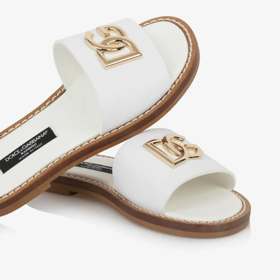 Dolce amp; Gabbana Girls White Leather DG Sliders Best