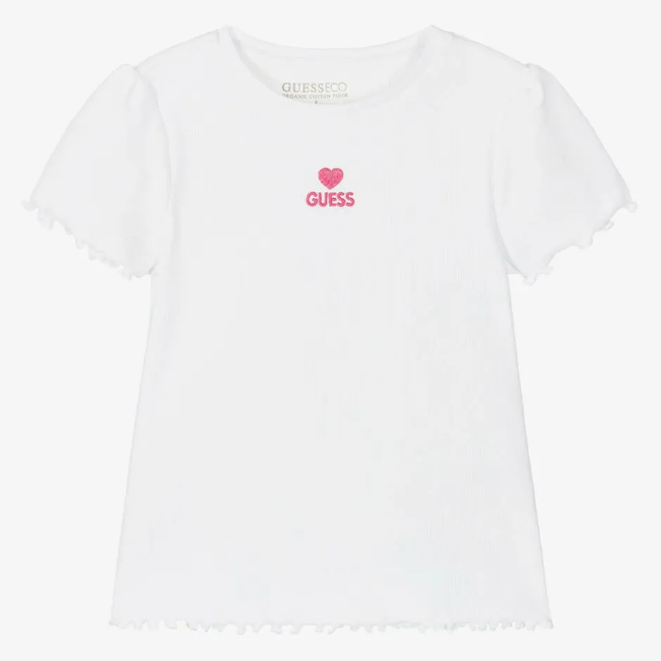 Guess Girls White Ribbed Cotton Jersey T-Shirt Discount