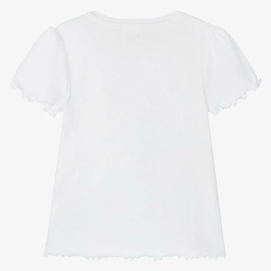 Guess Girls White Ribbed Cotton Jersey T-Shirt Discount
