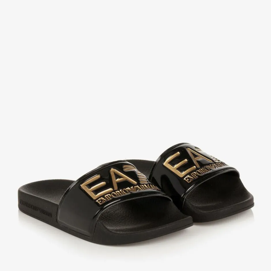 EA7 Emporio Armani Glossy Black EA7 Logo Sliders Hot