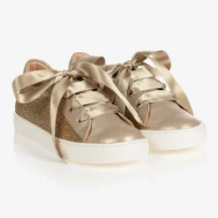 Childrens Classics Gold Glitter Leather Trainers Clearance