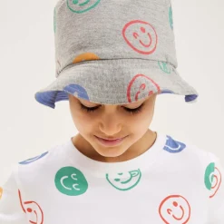 Joyday Grey Marl Cotton Happy Faces Bucket Hat Clearance