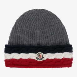 Moncler Enfant Grey Wool Logo Beanie Hat
