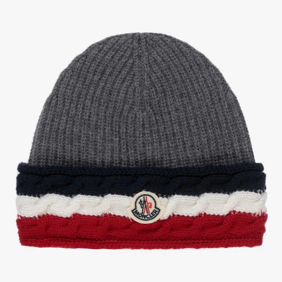 Moncler Enfant Grey Wool Logo Beanie Hat
