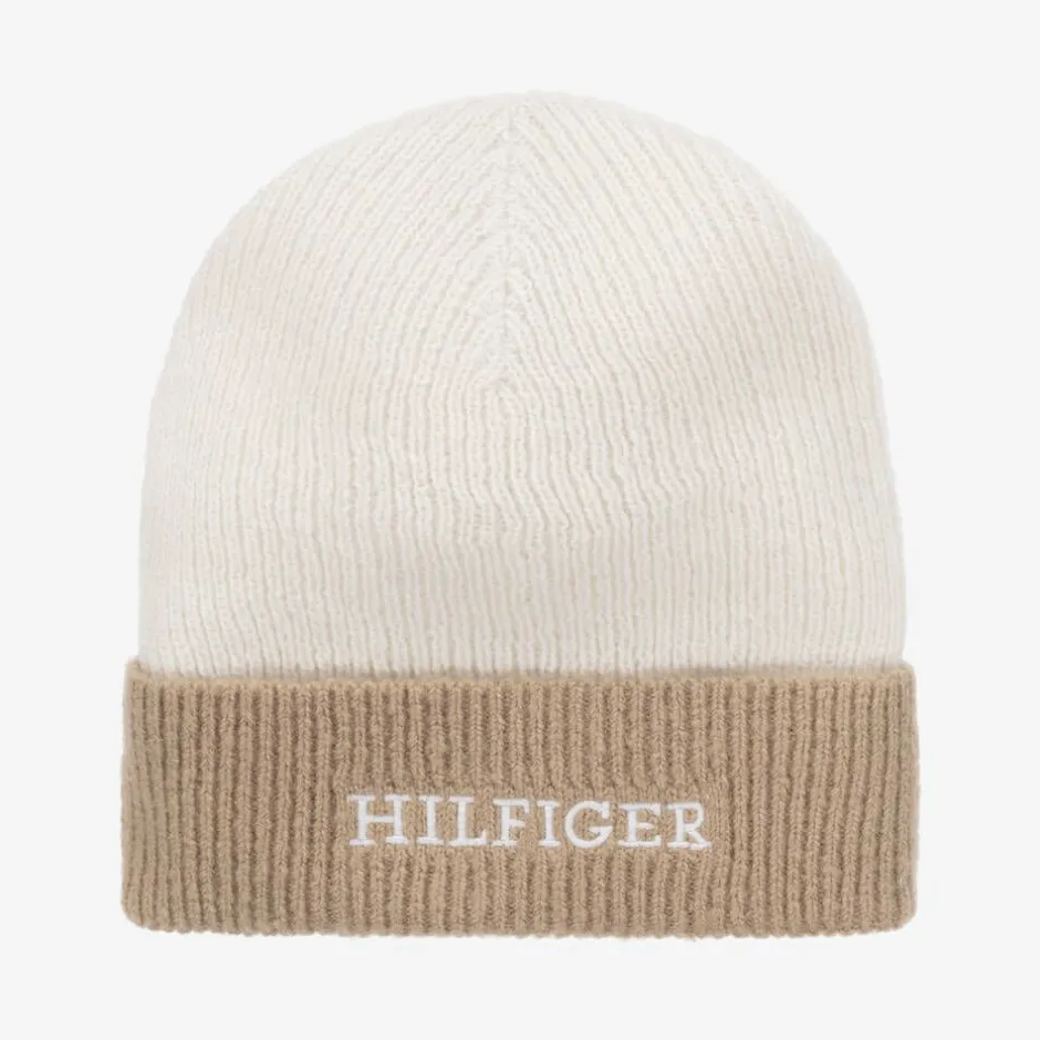 Tommy Hilfiger Ivory & Beige Knitted Beanie Hat Clearance