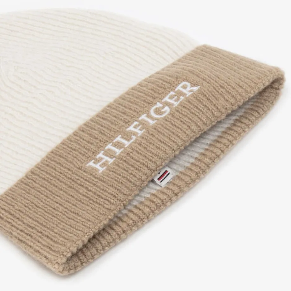 Tommy Hilfiger Ivory & Beige Knitted Beanie Hat Clearance