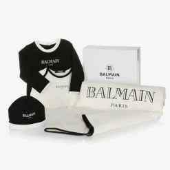 Balmain Ivory & Black Cotton Babysuit Gift Set Sale