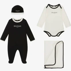Balmain Ivory & Black Cotton Babysuit Gift Set Sale