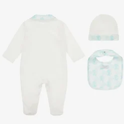 Roberto Cavalli Ivory & Blue Cotton Monogram Babysuit Set Outlet