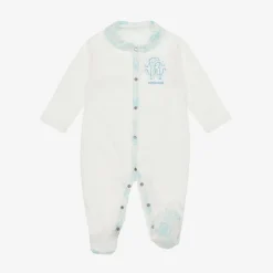 Roberto Cavalli Ivory & Blue Cotton Monogram Babysuit Set Outlet