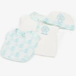 Roberto Cavalli Ivory & Blue Cotton Monogram Babysuit Set Outlet
