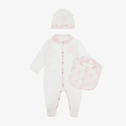Roberto Cavalli Ivory & Pink Cotton Monogram Babysuit Set Hot
