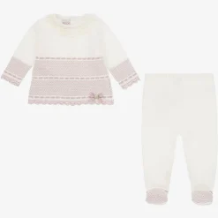 Paz Rodríguez Ivory & Pink Merino Wool Knitted 2 Piece Babygrow Clearance