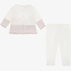 Paz Rodríguez Ivory & Pink Merino Wool Knitted 2 Piece Babygrow Clearance