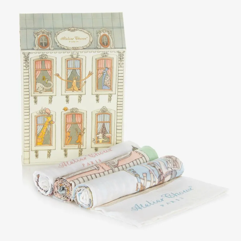 Atelier Choux Paris Ivory & Blue Organic Cotton Swaddles (3 Pack)