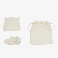 Guess Ivory Cotton Knit Baby Hat & Booties Set Online