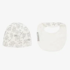 Moncler Enfant Ivory Teddy Bear Cotton Hat & Bib Set Outlet